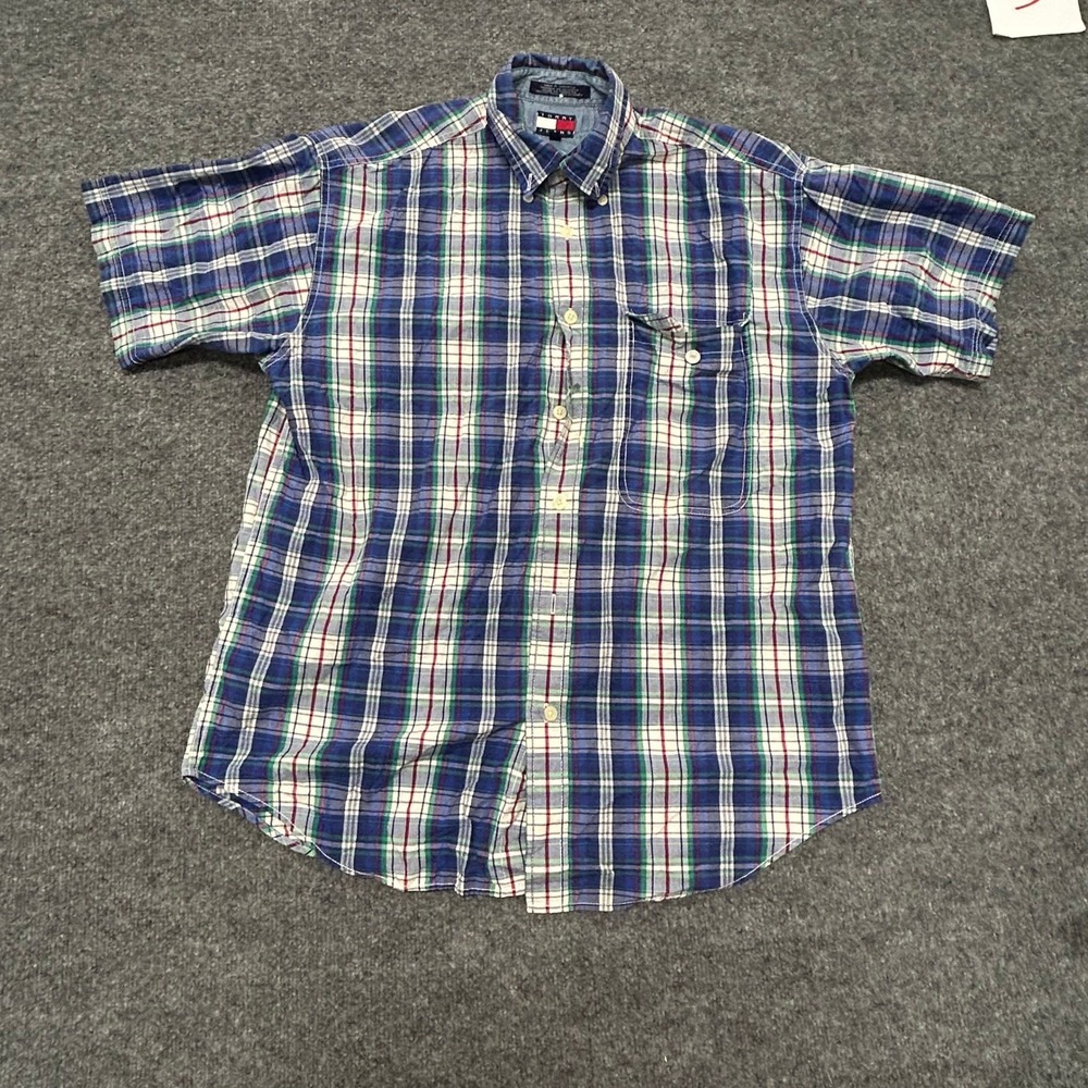 Tommy Jeans Button Down Shirt Mens Size M Blue Plaid Cotton Short Sleeve Casual
